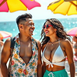 A handsome young Indonesian man of Central Asian descent, with a humorous and knowledgeable demeanor, sharing a laugh with a beautiful woman of English and European descent, who has large breasts and a captivating charm