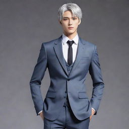 Anime style male lead from a transmigration novel. He has short silver hair, cat-like silver eyes, a huge body, slim waist, broad shoulders, a well-defined jaw, six-pack abs. His face resembles a feminine Kpop idol. His full-body posture suggests a cold yet kindly aura. He's tall and dressed in a fitted suit with a long coat.