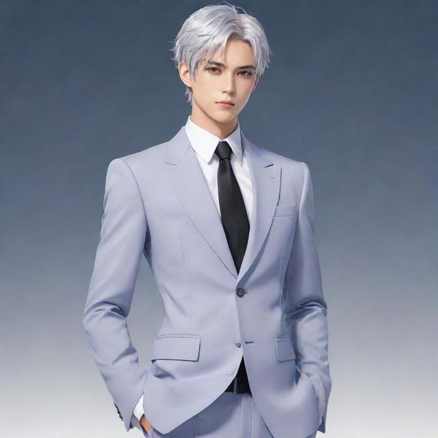 Anime style male lead from a transmigration novel. He has short silver hair, cat-like silver eyes, a huge body, slim waist, broad shoulders, a well-defined jaw, six-pack abs. His face resembles a feminine Kpop idol. His full-body posture suggests a cold yet kindly aura. He's tall and dressed in a fitted suit with a long coat.