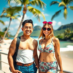 A handsome young Indonesian man of Central Asian descent, known for his humor and intelligence, is enjoying a holiday at a picturesque resort