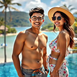 A handsome young Indonesian man of Central Asian descent, known for his humor and intelligence, is enjoying a holiday at a picturesque resort