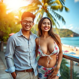 A handsome young Indonesian man of Central Asian descent, known for his humor and intelligence, is enjoying a holiday at a picturesque resort