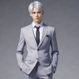 Anime style male lead from a transmigration novel. He has short silver hair, cat-like silver eyes, a huge body, slim waist, broad shoulders, a well-defined jaw, six-pack abs. His face resembles a feminine Kpop idol. His full-body posture suggests a cold yet kindly aura. He's tall and dressed in a fitted suit with a long coat.