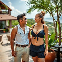 A handsome young Indonesian man of Central Asian descent, known for his humor and intelligence, stands confidently beside a beautiful woman of French and European descent, who has large breasts and an enchanting, alluring presence