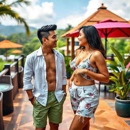 A handsome young Indonesian man of Central Asian descent, known for his humor and intelligence, stands confidently beside a beautiful woman of French and European descent, who has large breasts and an enchanting, alluring presence