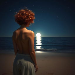 A slender, short and curly red-haired woman standing with her back to the viewer on a beach at night, gazing out at the sea
