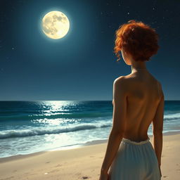 A slender, short and curly red-haired woman standing with her back to the viewer on a beach at night, gazing out at the sea