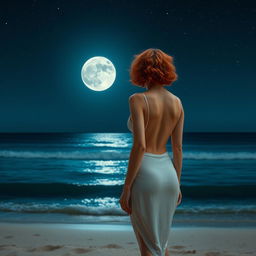 A slender, short and curly red-haired woman standing with her back to the viewer on a beach at night, gazing out at the sea