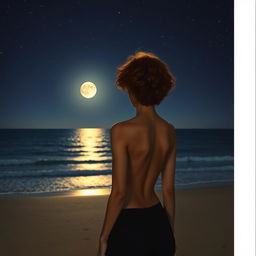 A slender, short and curly red-haired woman standing with her back to the viewer on a beach at night, gazing out at the sea