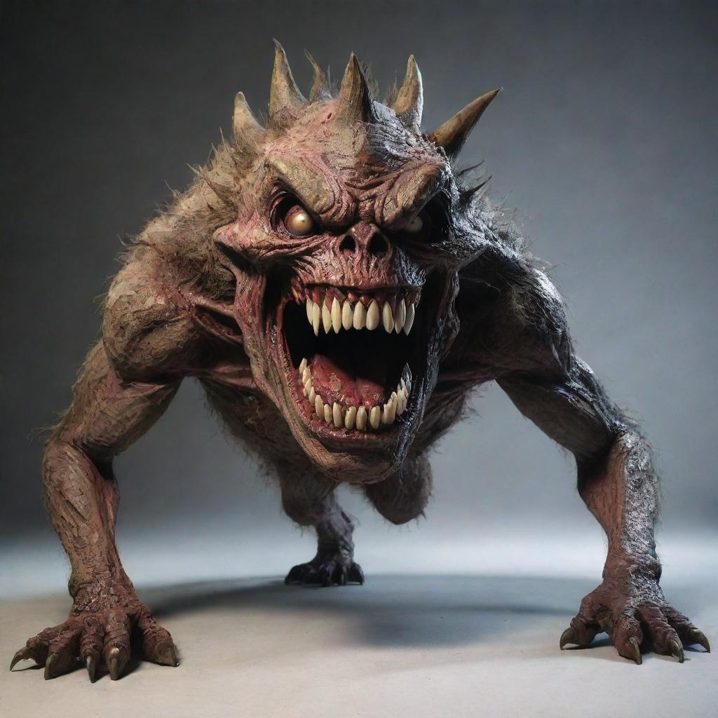 Generate a horrifying monster that is two meters long, adorned with large, menacing teeth and deeply set eyes. The monster's body parts appear as if rotten and convey a strong sense of terror and disgust.