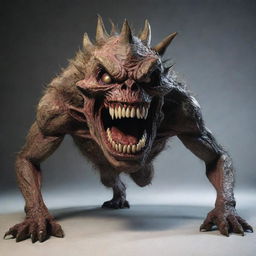 Generate a horrifying monster that is two meters long, adorned with large, menacing teeth and deeply set eyes. The monster's body parts appear as if rotten and convey a strong sense of terror and disgust.