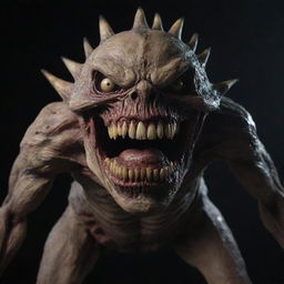 Generate a horrifying monster that is two meters long, adorned with large, menacing teeth and deeply set eyes. The monster's body parts appear as if rotten and convey a strong sense of terror and disgust.