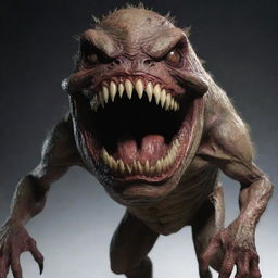 Generate a horrifying monster that is two meters long, adorned with large, menacing teeth and deeply set eyes. The monster's body parts appear as if rotten and convey a strong sense of terror and disgust.