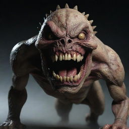 Generate a horrifying monster that is two meters long, adorned with large, menacing teeth and deeply set eyes. The monster's body parts appear as if rotten and convey a strong sense of terror and disgust.