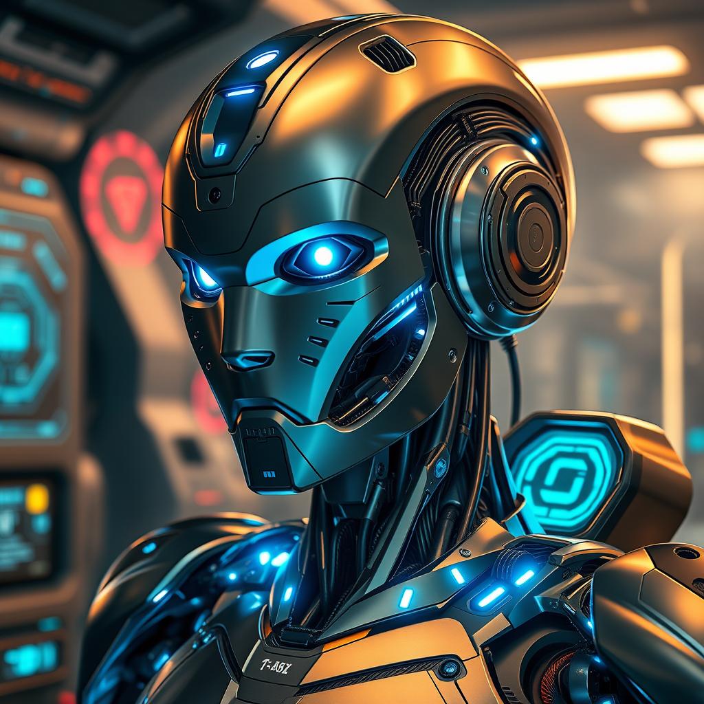 A highly detailed and realistic robot named Optix, featuring sleek metallic surfaces, intricate circuitry, and vivid LED lights