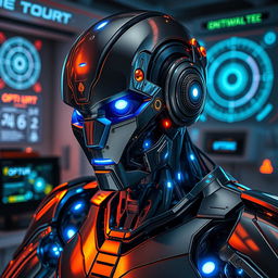 A highly detailed and realistic robot named Optix, featuring sleek metallic surfaces, intricate circuitry, and vivid LED lights