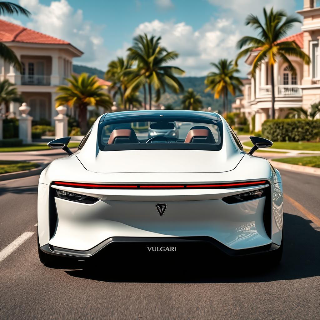 A luxury VULGARI electric car showcased from both front and rear perspectives, driving through an upscale neighborhood in the Dominican Republic