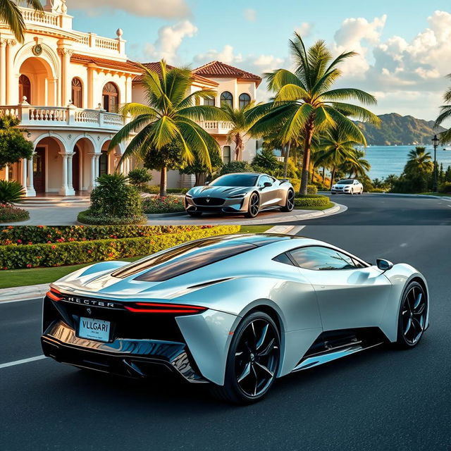 A luxury VULGARI electric car showcased from both front and rear perspectives, driving through an upscale neighborhood in the Dominican Republic