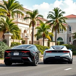 A luxury VULGARI electric car showcased from both front and rear perspectives, driving through an upscale neighborhood in the Dominican Republic
