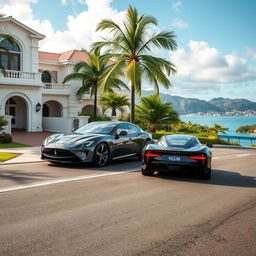 A luxury VULGARI electric car showcased from both front and rear perspectives, driving through an upscale neighborhood in the Dominican Republic