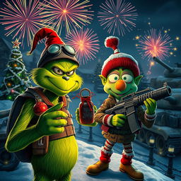 A vibrant and gritty scene depicting El Grinch and Villa Who in a military-themed environment inspired by Call of Duty Black Ops 6