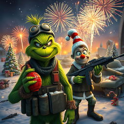 A vibrant and gritty scene depicting El Grinch and Villa Who in a military-themed environment inspired by Call of Duty Black Ops 6