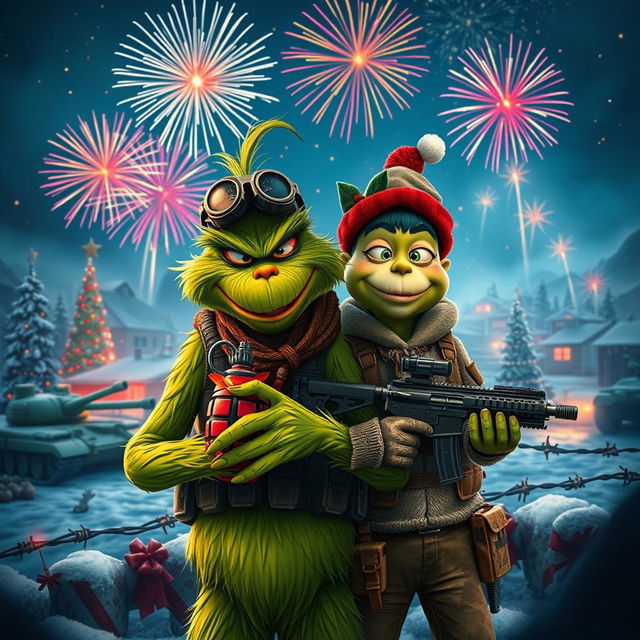 A vibrant and gritty scene depicting El Grinch and Villa Who in a military-themed environment inspired by Call of Duty Black Ops 6