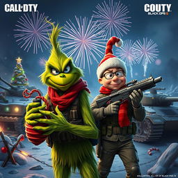 A vibrant and gritty scene depicting El Grinch and Villa Who in a military-themed environment inspired by Call of Duty Black Ops 6