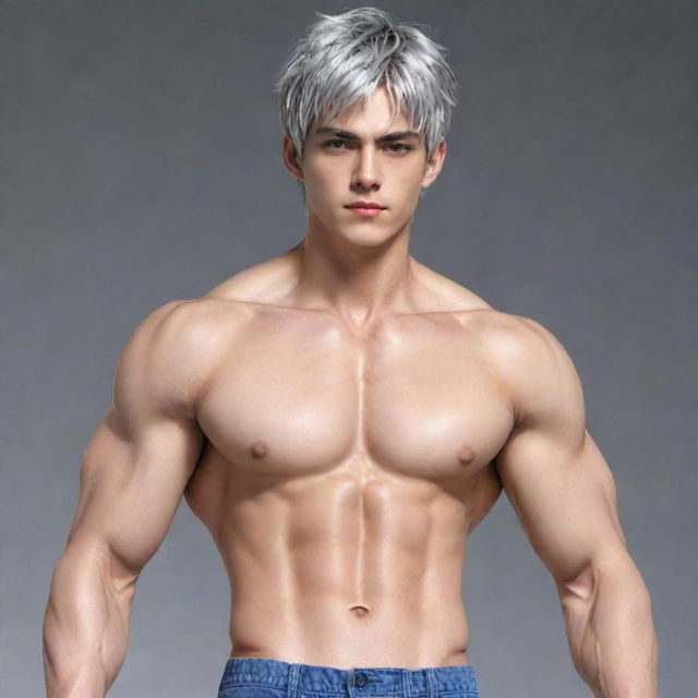 Generate an anime style full-body 2D image of a male lead with short silver hair, cat-like silver eyes, a muscular build with a slim waist broad shoulders, and defined six-pack abs. He sports a small, feminine face akin to a K-pop idol and a well-defined jawline. His persona resonates a cold yet kind aura to those he loves, he stands tall in a fitted suit complemented by a long coat.