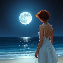 A slim red-haired woman with curly short hair, wearing a flowing white dress, standing on the beach with her back to the viewer