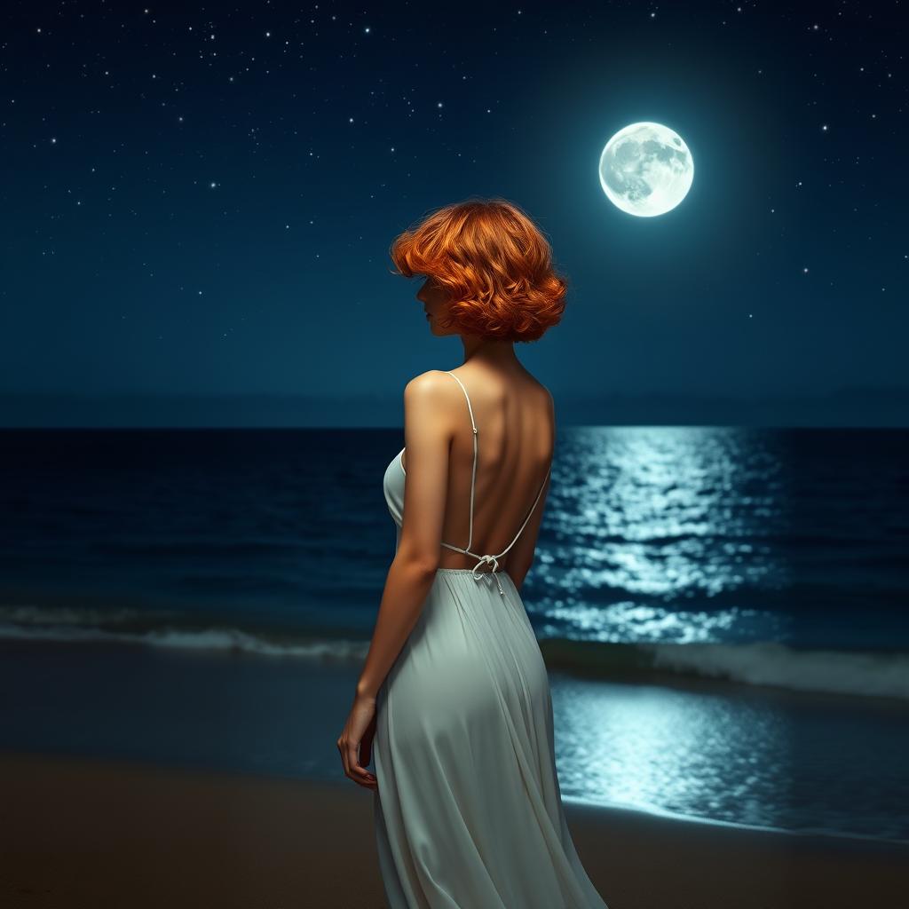 A slim red-haired woman with curly short hair, wearing a flowing white dress, standing on the beach with her back to the viewer