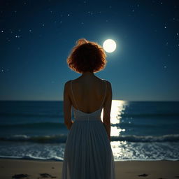 A slim red-haired woman with curly short hair, wearing a flowing white dress, standing on the beach with her back to the viewer