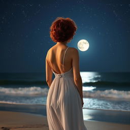 A slim red-haired woman with curly short hair, wearing a flowing white dress, standing on the beach with her back to the viewer