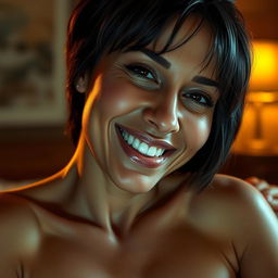 A hyper-realistic depiction of an American woman with short hair, smiling seductively