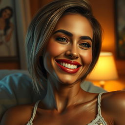 A hyper-realistic depiction of an American woman with short hair, smiling seductively