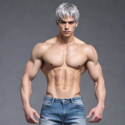 Generate an anime style full-body 2D image of a male lead with short silver hair, cat-like silver eyes, a muscular build with a slim waist broad shoulders, and defined six-pack abs. He sports a small, feminine face akin to a K-pop idol and a well-defined jawline. His persona resonates a cold yet kind aura to those he loves, he stands tall in a fitted suit complemented by a long coat.