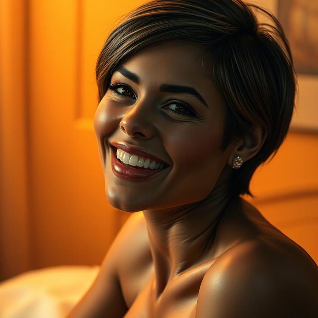 A hyper-realistic depiction of an American woman with short hair, smiling seductively