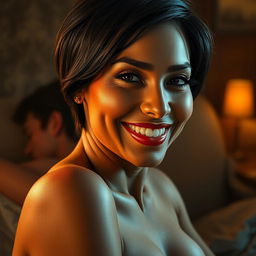 A hyper-realistic depiction of an American woman with short hair, smiling seductively