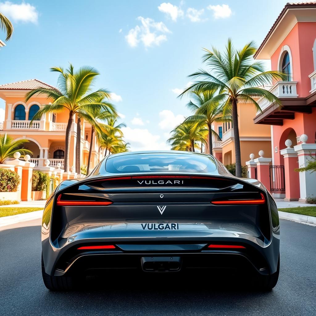 An electric car from the brand VULGARI viewed from both the front and the back, parked elegantly in an exclusive neighborhood of the Dominican Republic