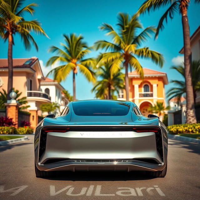 An electric car from the brand VULGARI viewed from both the front and the back, parked elegantly in an exclusive neighborhood of the Dominican Republic