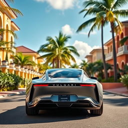 An electric car from the brand VULGARI viewed from both the front and the back, parked elegantly in an exclusive neighborhood of the Dominican Republic