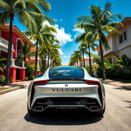 An electric car from the brand VULGARI viewed from both the front and the back, parked elegantly in an exclusive neighborhood of the Dominican Republic