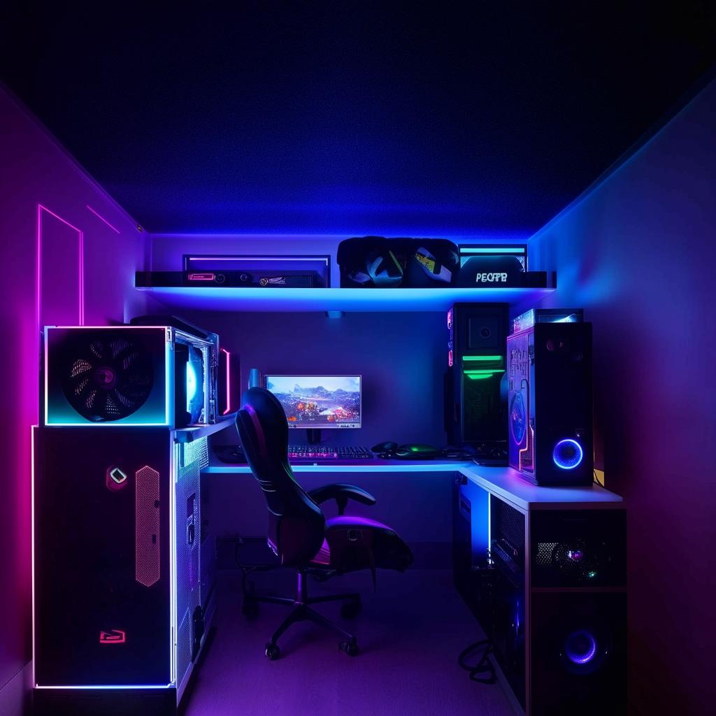 An aesthetically pleasing gamer's bedroom featuring a high-end gaming PC setup on a study table, a single bed, and mood-enhancing RGB lighting embedded in a fall ceiling.