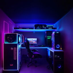 An aesthetically pleasing gamer's bedroom featuring a high-end gaming PC setup on a study table, a single bed, and mood-enhancing RGB lighting embedded in a fall ceiling.