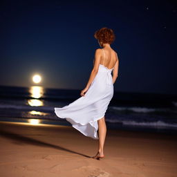 A slim woman with short, curly red hair, wearing a flowing white dress, standing barefoot on a beach at night