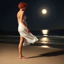 A slim woman with short, curly red hair, wearing a flowing white dress, standing barefoot on a beach at night