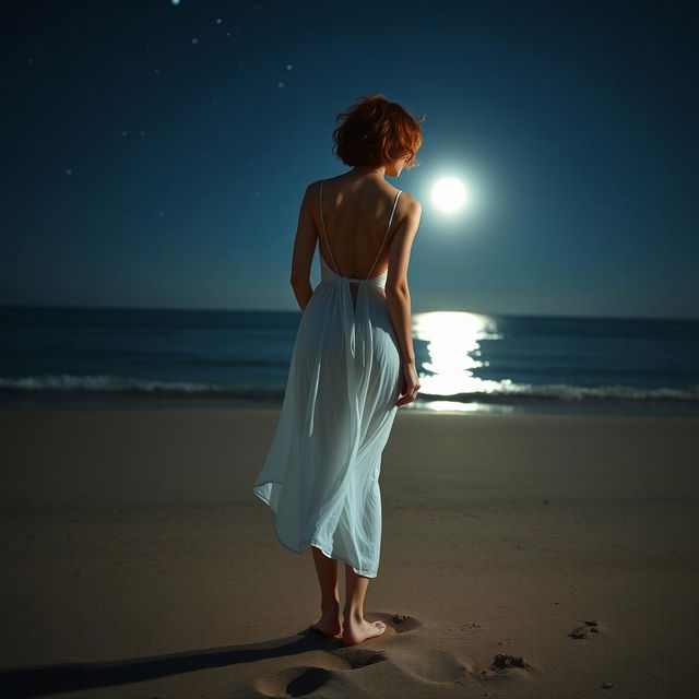 A slim woman with short, curly red hair, wearing a flowing white dress, standing barefoot on a beach at night