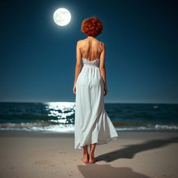 A slim woman with short, curly red hair, wearing a flowing white dress, standing barefoot on a beach at night
