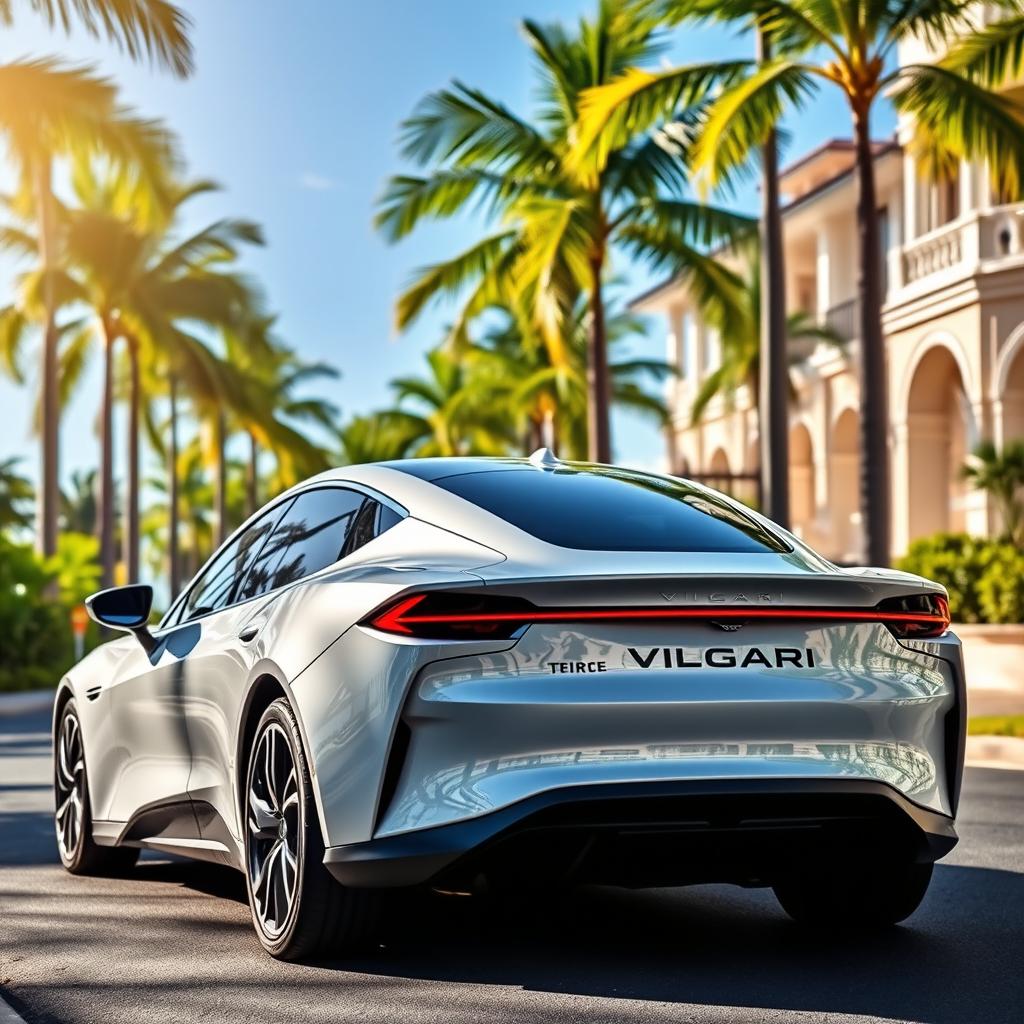 A sleek VULGARI electric car parked on a picturesque street in an upscale neighborhood of the Dominican Republic