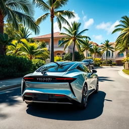 A sleek VULGARI electric car parked on a picturesque street in an upscale neighborhood of the Dominican Republic